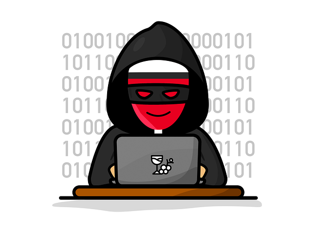 Classic "hacker" image, with laptop, hoodie and binary